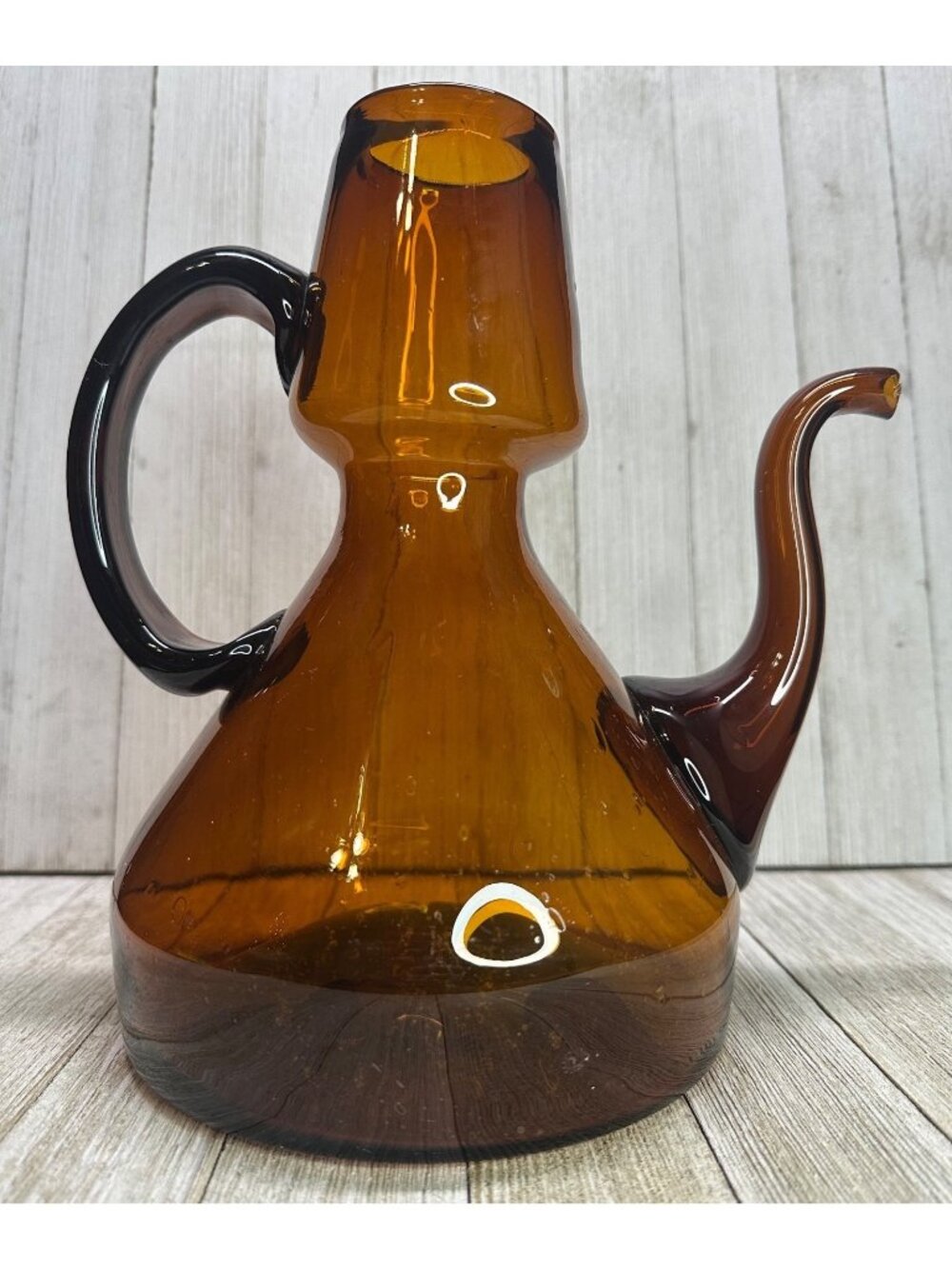 Vtg Amber Blown Glass Tea Pot with Handle 9" Tall Retro Style Home Decor MCM